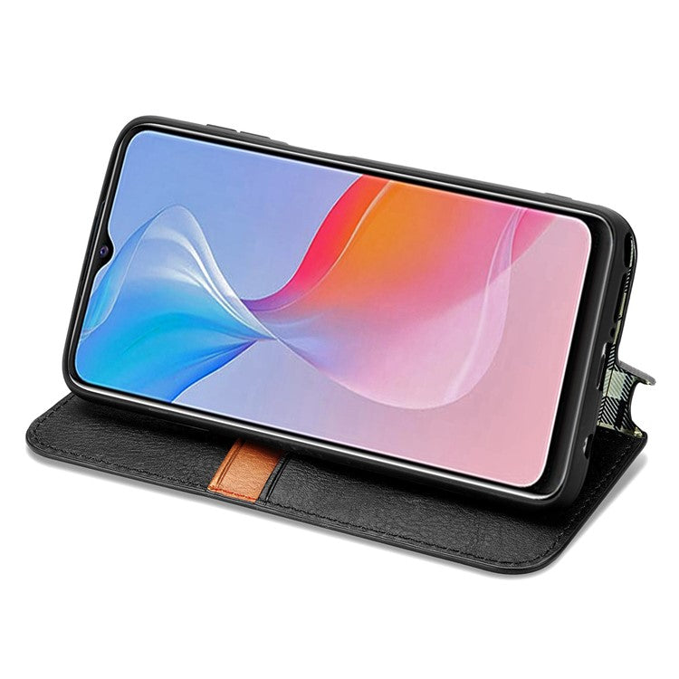 For vivo Y21 4G / Y21s / Y33s Imprinting Rhombus Magnetic Auto-Absorbed Leather Phone Case Stand Wallet Flip Cover - Black