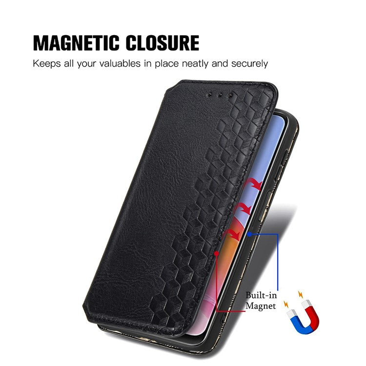 For vivo Y21 4G / Y21s / Y33s Imprinting Rhombus Magnetic Auto-Absorbed Leather Phone Case Stand Wallet Flip Cover - Black