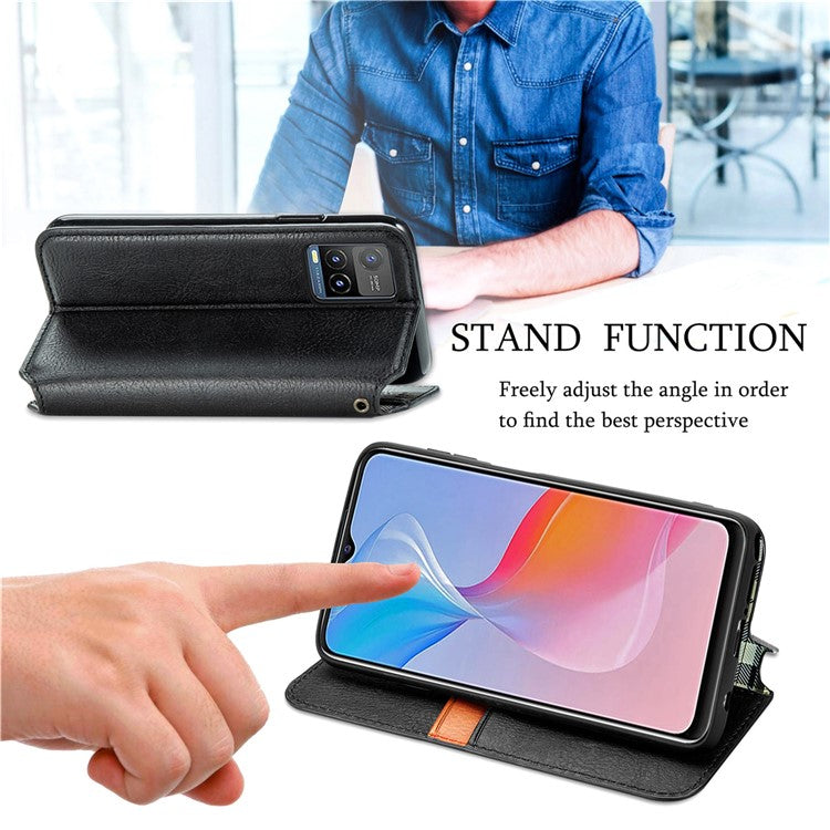 For vivo Y21 4G / Y21s / Y33s Imprinting Rhombus Magnetic Auto-Absorbed Leather Phone Case Stand Wallet Flip Cover - Black