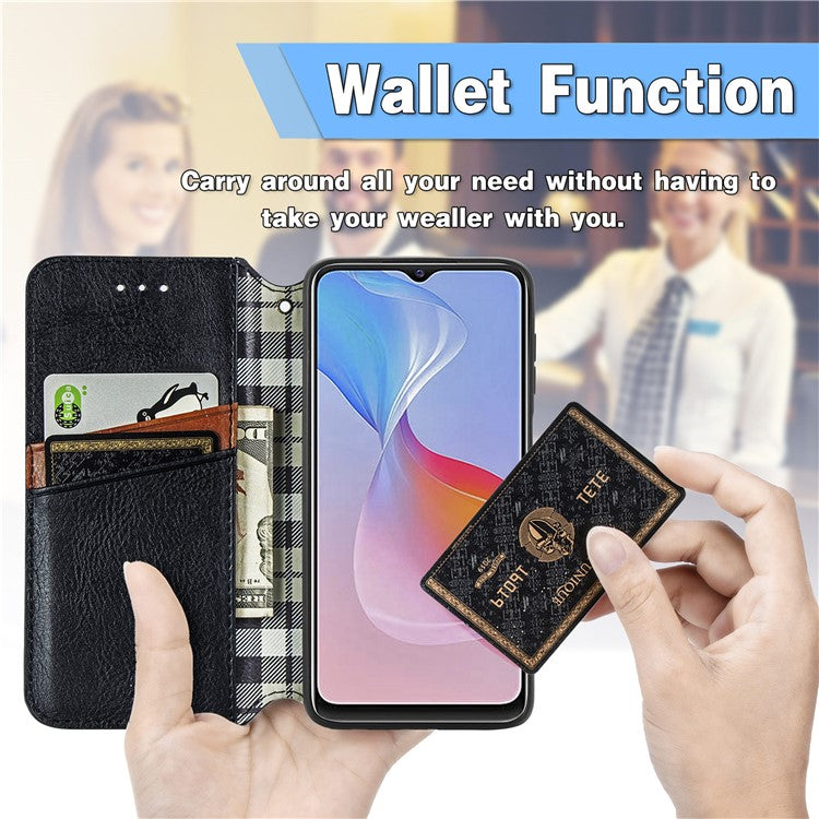 For vivo Y21 4G / Y21s / Y33s Imprinting Rhombus Magnetic Auto-Absorbed Leather Phone Case Stand Wallet Flip Cover - Black