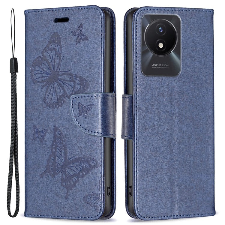 For vivo Y02 4G Butterfly Imprinted PU Leather Stand Phone Case Wallet Cover with Hand Strap - Dark Blue