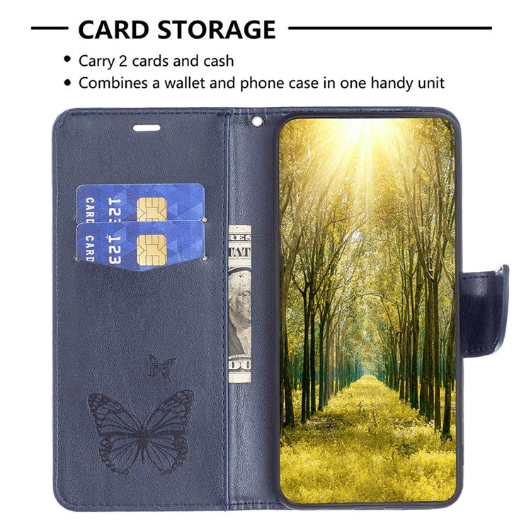 For vivo Y02 4G Butterfly Imprinted PU Leather Stand Phone Case Wallet Cover with Hand Strap - Dark Blue