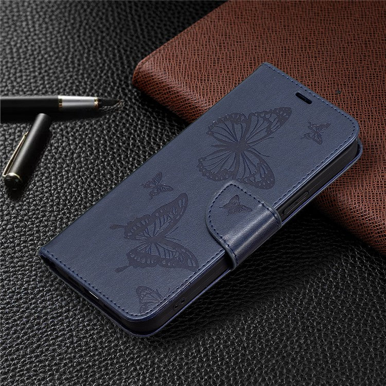 For vivo Y02 4G Butterfly Imprinted PU Leather Stand Phone Case Wallet Cover with Hand Strap - Dark Blue