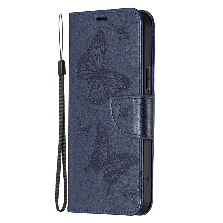 For vivo Y02 4G Butterfly Imprinted PU Leather Stand Phone Case Wallet Cover with Hand Strap - Dark Blue