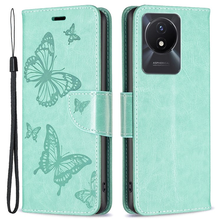 For vivo Y02 4G Butterfly Imprinted PU Leather Stand Phone Case Wallet Cover with Hand Strap - Green