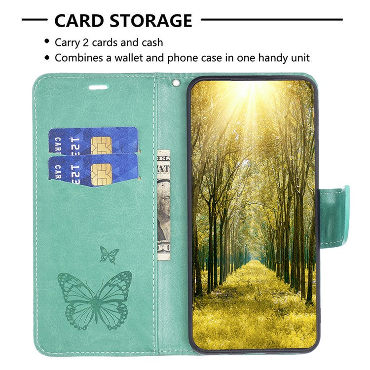 For vivo Y02 4G Butterfly Imprinted PU Leather Stand Phone Case Wallet Cover with Hand Strap - Green