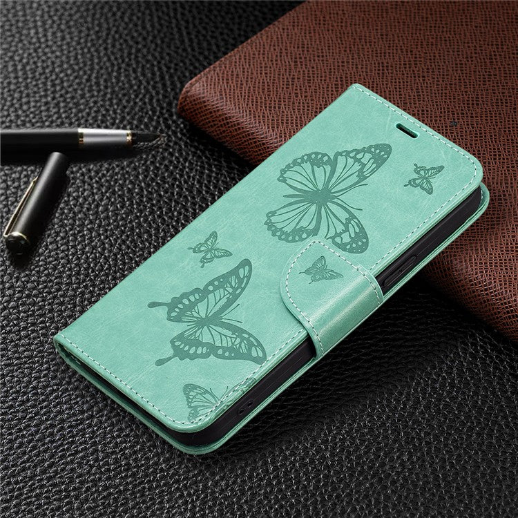 For vivo Y02 4G Butterfly Imprinted PU Leather Stand Phone Case Wallet Cover with Hand Strap - Green