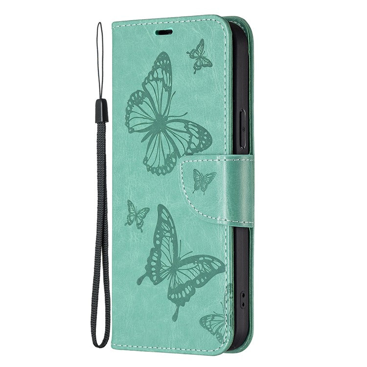 For vivo Y02 4G Butterfly Imprinted PU Leather Stand Phone Case Wallet Cover with Hand Strap - Green