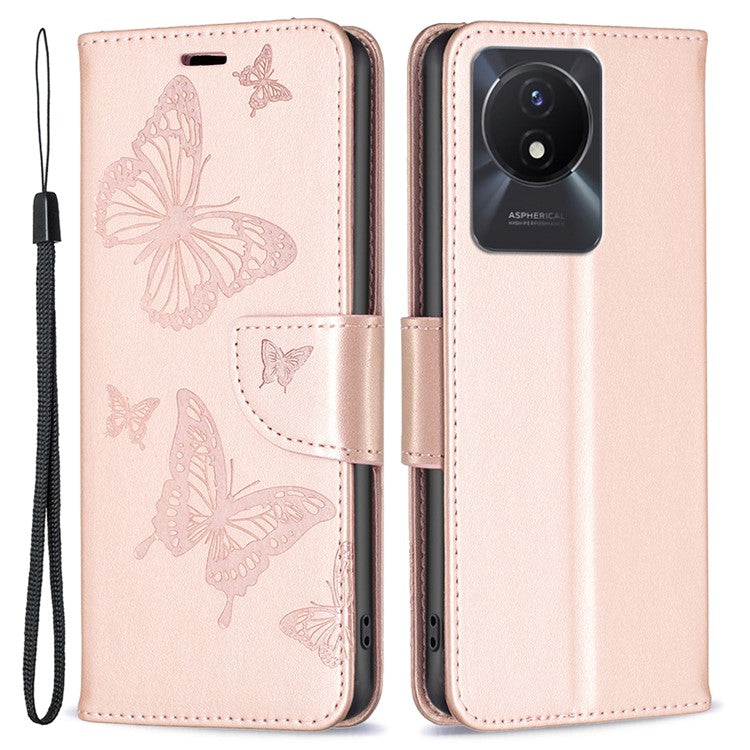 For vivo Y02 4G Butterfly Imprinted PU Leather Stand Phone Case Wallet Cover with Hand Strap - Rose Gold