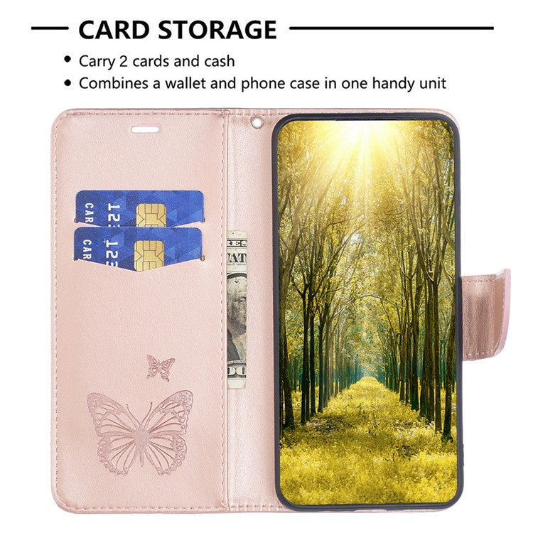 For vivo Y02 4G Butterfly Imprinted PU Leather Stand Phone Case Wallet Cover with Hand Strap - Rose Gold