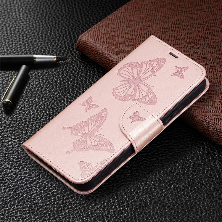 For vivo Y02 4G Butterfly Imprinted PU Leather Stand Phone Case Wallet Cover with Hand Strap - Rose Gold