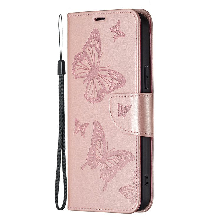 For vivo Y02 4G Butterfly Imprinted PU Leather Stand Phone Case Wallet Cover with Hand Strap - Rose Gold