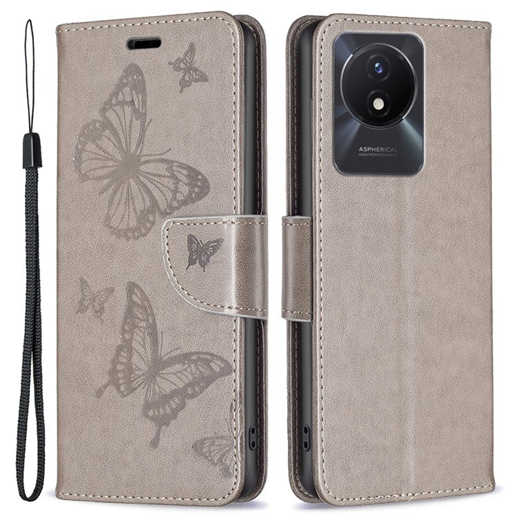 For vivo Y02 4G Butterfly Imprinted PU Leather Stand Phone Case Wallet Cover with Hand Strap - Grey