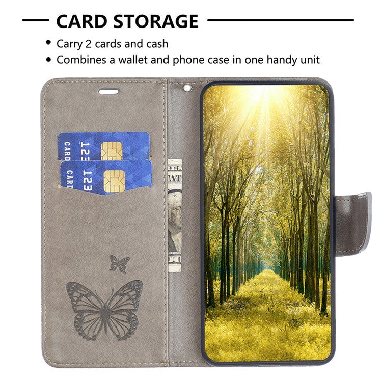 For vivo Y02 4G Butterfly Imprinted PU Leather Stand Phone Case Wallet Cover with Hand Strap - Grey