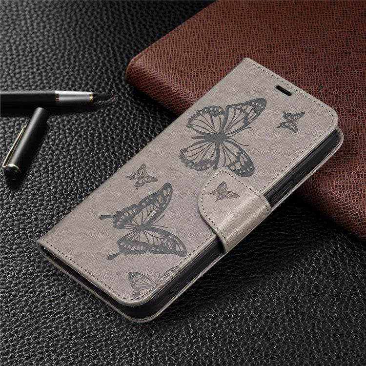 For vivo Y02 4G Butterfly Imprinted PU Leather Stand Phone Case Wallet Cover with Hand Strap - Grey