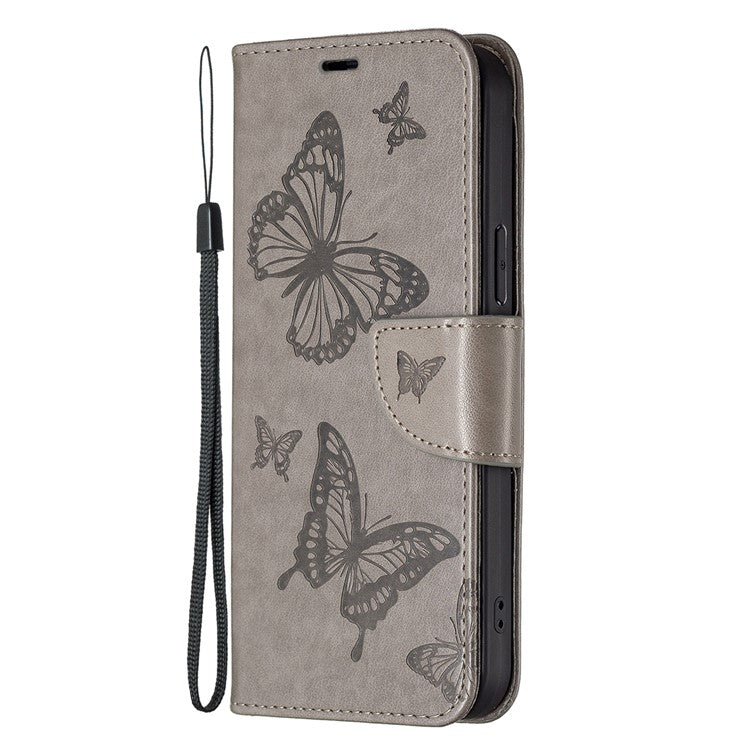 For vivo Y02 4G Butterfly Imprinted PU Leather Stand Phone Case Wallet Cover with Hand Strap - Grey