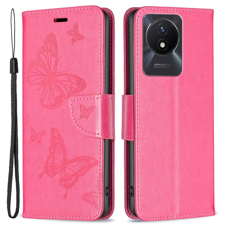 For vivo Y02 4G Butterfly Imprinted PU Leather Stand Phone Case Wallet Cover with Hand Strap - Rose