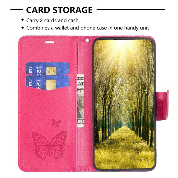 For vivo Y02 4G Butterfly Imprinted PU Leather Stand Phone Case Wallet Cover with Hand Strap - Rose