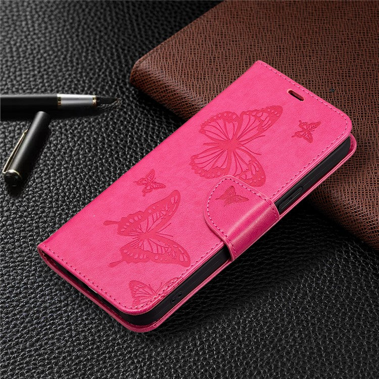 For vivo Y02 4G Butterfly Imprinted PU Leather Stand Phone Case Wallet Cover with Hand Strap - Rose