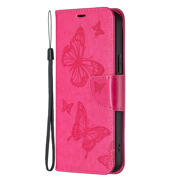 For vivo Y02 4G Butterfly Imprinted PU Leather Stand Phone Case Wallet Cover with Hand Strap - Rose