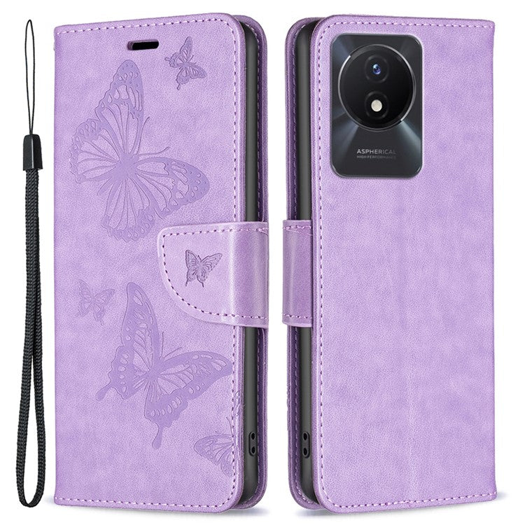 For vivo Y02 4G Butterfly Imprinted PU Leather Stand Phone Case Wallet Cover with Hand Strap - Purple