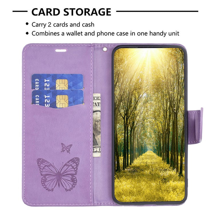 For vivo Y02 4G Butterfly Imprinted PU Leather Stand Phone Case Wallet Cover with Hand Strap - Purple