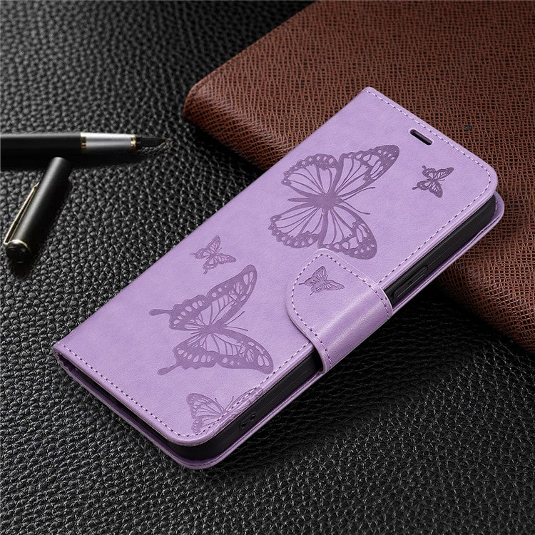 For vivo Y02 4G Butterfly Imprinted PU Leather Stand Phone Case Wallet Cover with Hand Strap - Purple