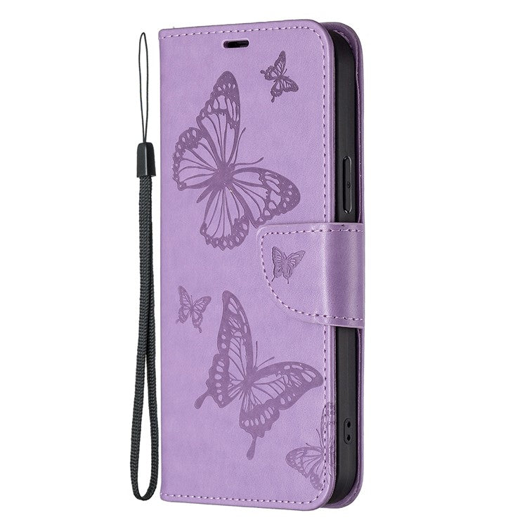 For vivo Y02 4G Butterfly Imprinted PU Leather Stand Phone Case Wallet Cover with Hand Strap - Purple