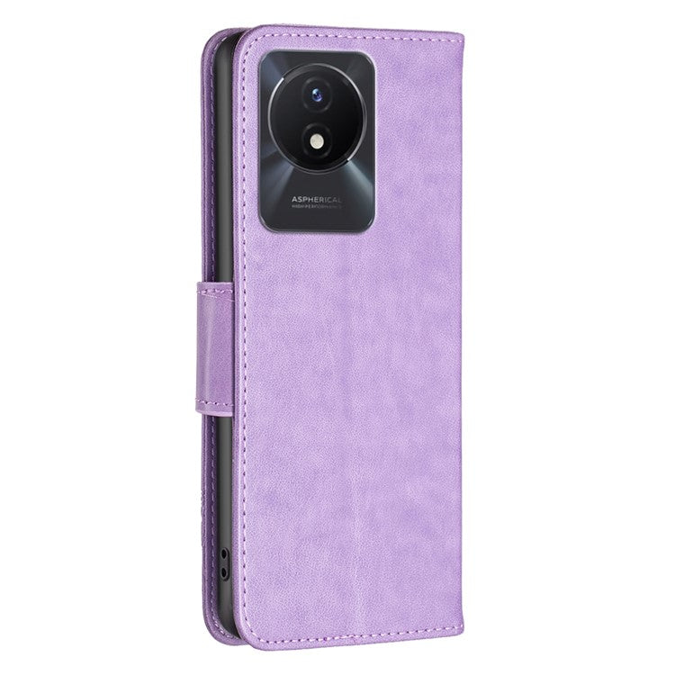 For vivo Y02 4G Butterfly Imprinted PU Leather Stand Phone Case Wallet Cover with Hand Strap - Purple