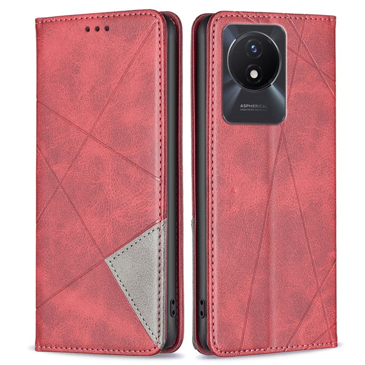 For vivo Y02 4G Imprinting Pattern Splicing PU Leather Cover Card Holder Cell Phone Stand Case - Red