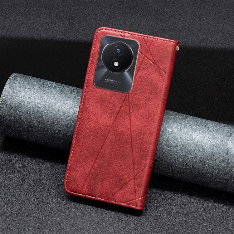 For vivo Y02 4G Imprinting Pattern Splicing PU Leather Cover Card Holder Cell Phone Stand Case - Red