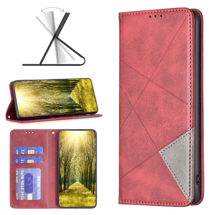 For vivo Y02 4G Imprinting Pattern Splicing PU Leather Cover Card Holder Cell Phone Stand Case - Red