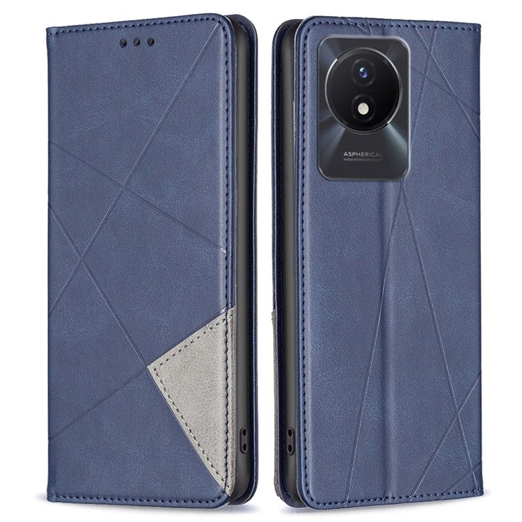 For vivo Y02 4G Imprinting Pattern Splicing PU Leather Cover Card Holder Cell Phone Stand Case - Blue