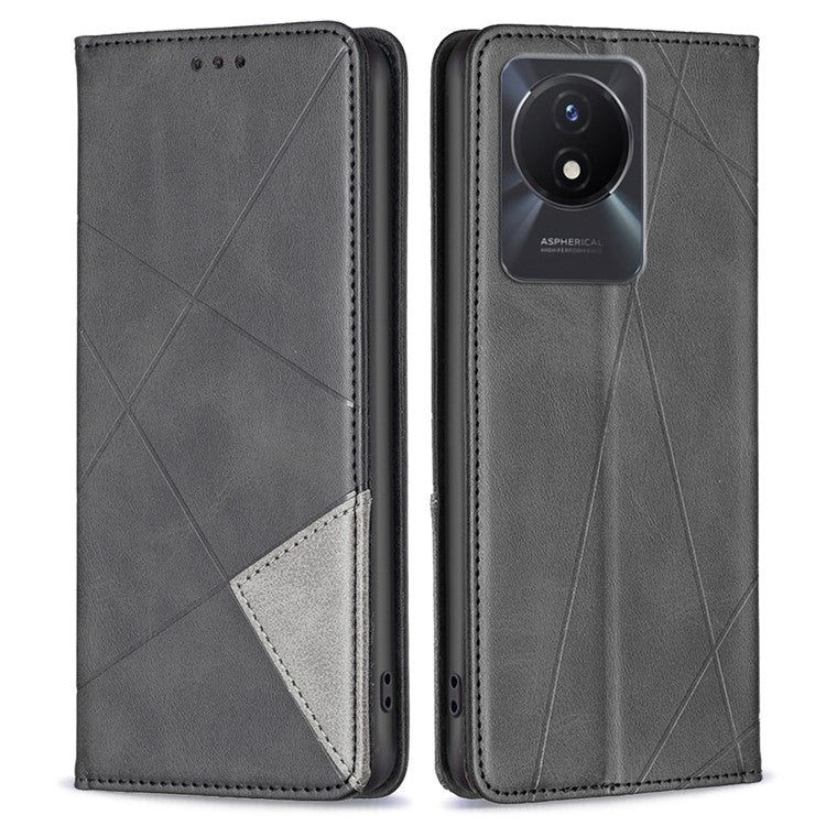 For vivo Y02 4G Imprinting Pattern Splicing PU Leather Cover Card Holder Cell Phone Stand Case - Black