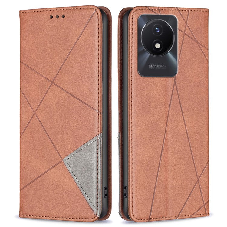 For vivo Y02 4G Imprinting Pattern Splicing PU Leather Cover Card Holder Cell Phone Stand Case - Brown