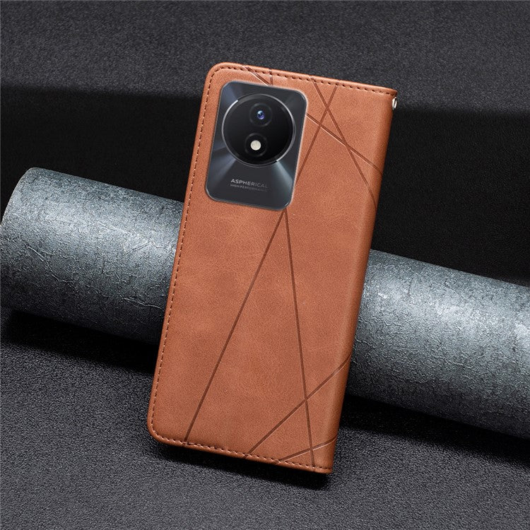 For vivo Y02 4G Imprinting Pattern Splicing PU Leather Cover Card Holder Cell Phone Stand Case - Brown