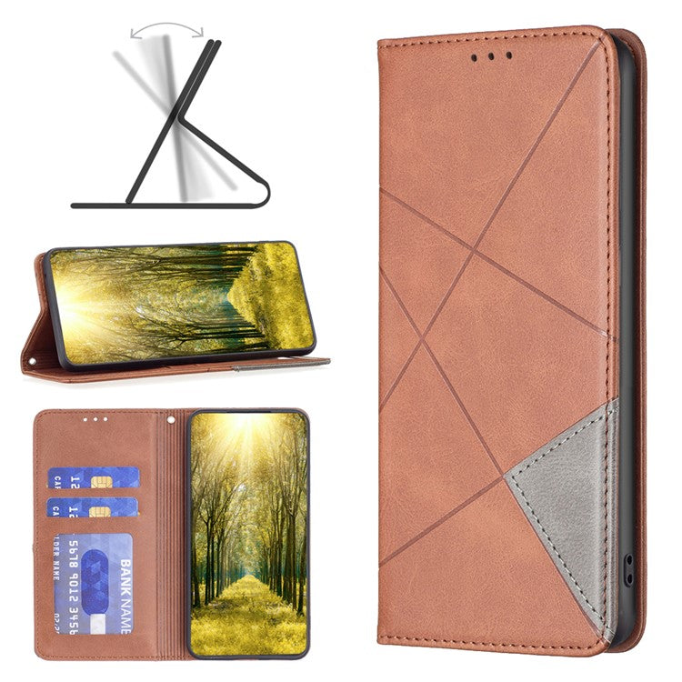 For vivo Y02 4G Imprinting Pattern Splicing PU Leather Cover Card Holder Cell Phone Stand Case - Brown