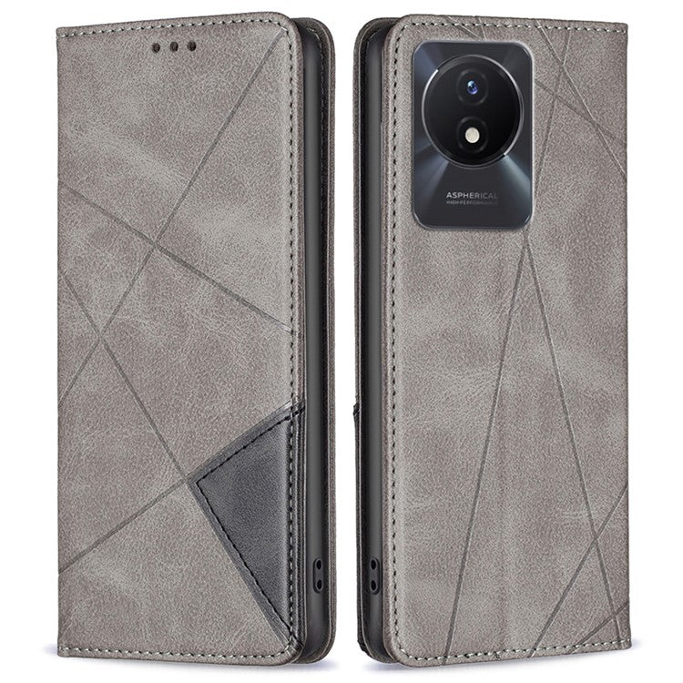 For vivo Y02 4G Imprinting Pattern Splicing PU Leather Cover Card Holder Cell Phone Stand Case - Grey