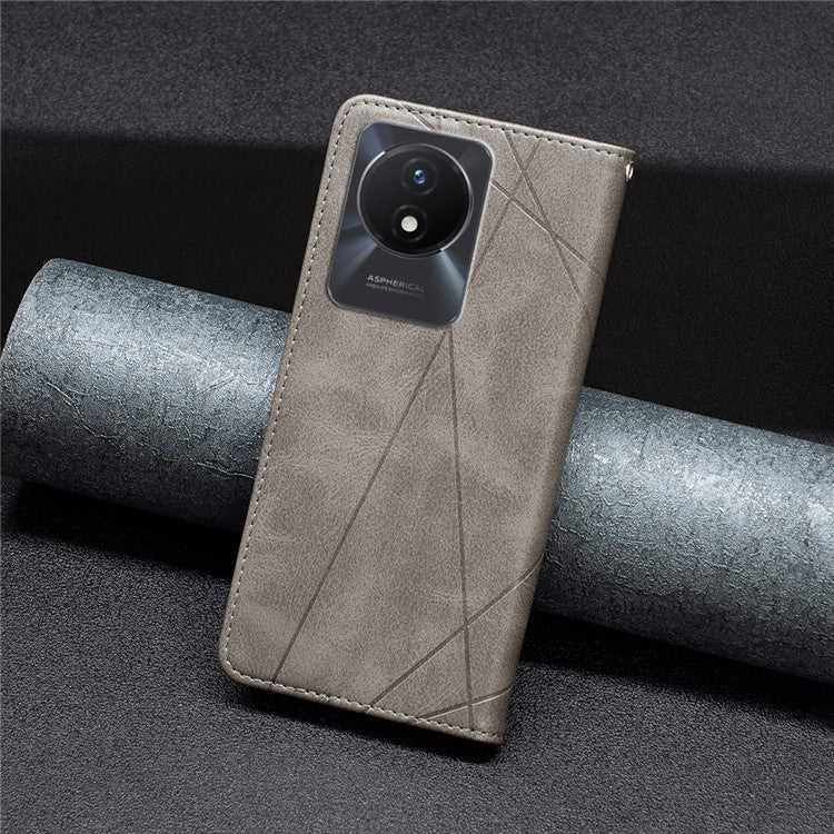 For vivo Y02 4G Imprinting Pattern Splicing PU Leather Cover Card Holder Cell Phone Stand Case - Grey