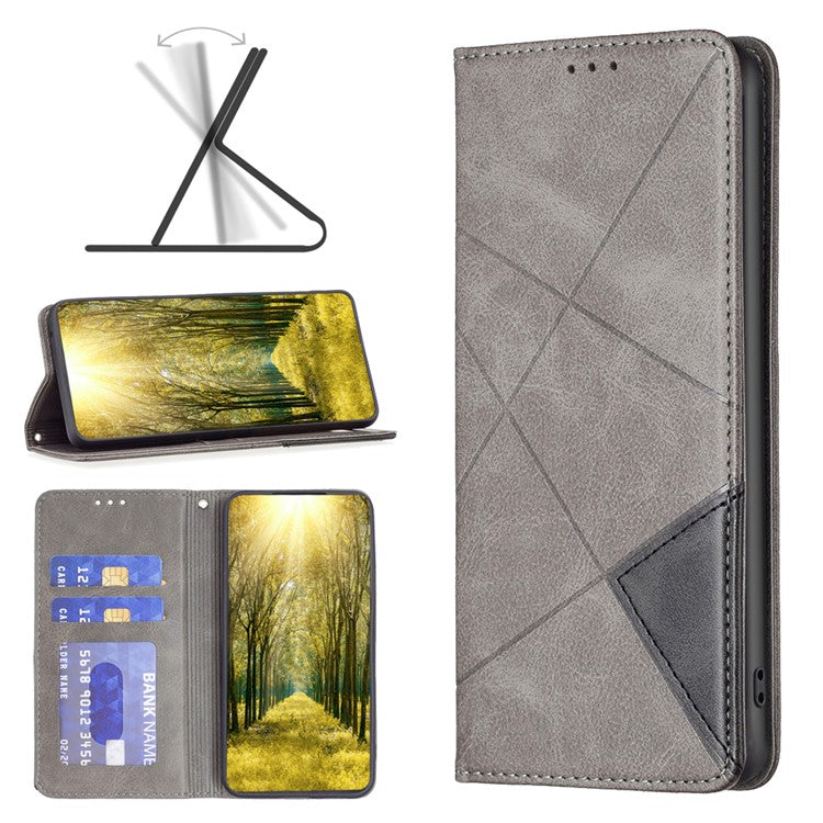 For vivo Y02 4G Imprinting Pattern Splicing PU Leather Cover Card Holder Cell Phone Stand Case - Grey