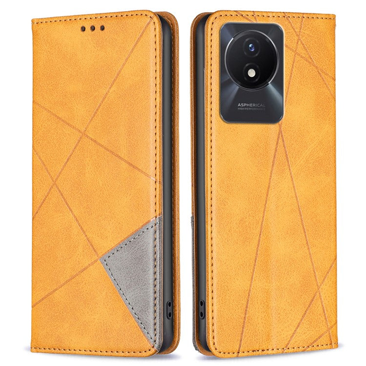 For vivo Y02 4G Imprinting Pattern Splicing PU Leather Cover Card Holder Cell Phone Stand Case - Yellow