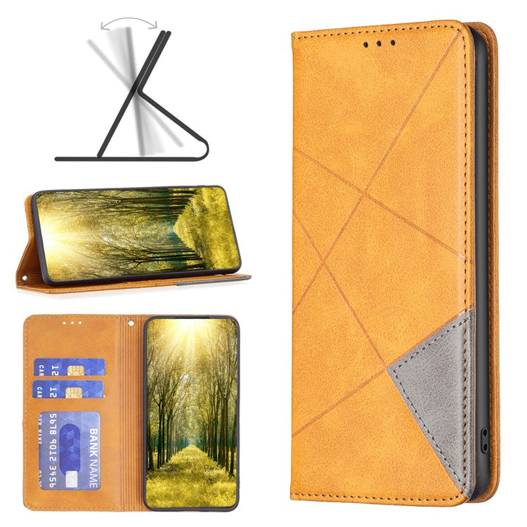 For vivo Y02 4G Imprinting Pattern Splicing PU Leather Cover Card Holder Cell Phone Stand Case - Yellow