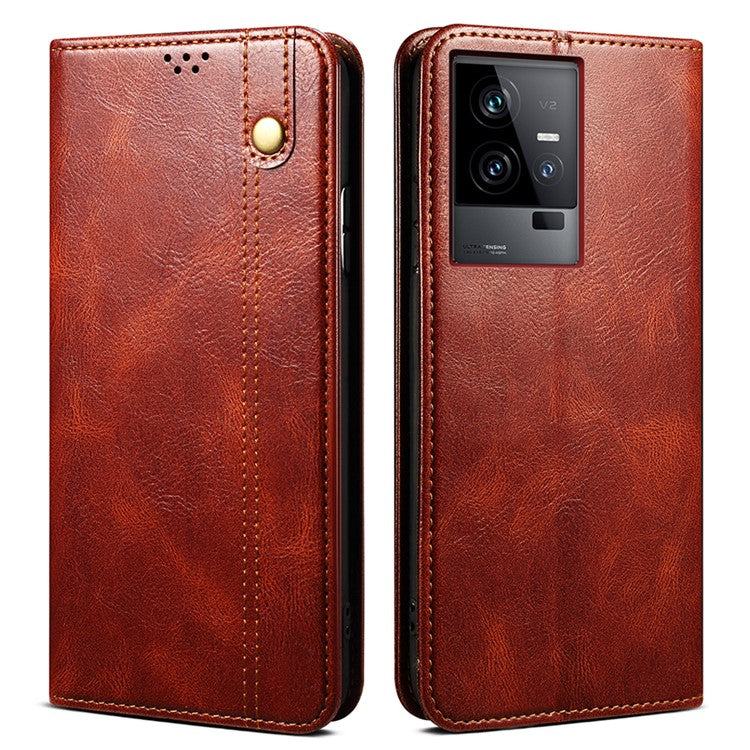 PU Leather Phone Case for vivo iQOO 11 5G, Waxy Crazy Horse Texture Stand Phone Wallet Cover - Brown