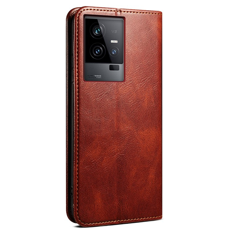 PU Leather Phone Case for vivo iQOO 11 5G, Waxy Crazy Horse Texture Stand Phone Wallet Cover - Brown