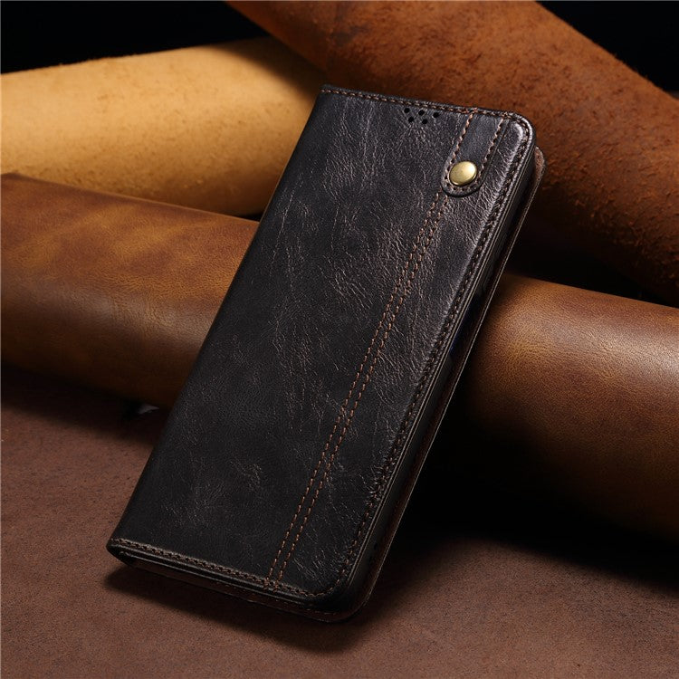 PU Leather Phone Case for vivo iQOO 11 5G, Waxy Crazy Horse Texture Stand Phone Wallet Cover - Black