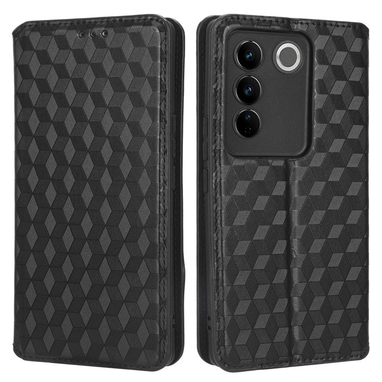 For vivo S16 / S16 Pro / V27 / V27 Pro Rhombus Pattern Imprinted Magnetic Closure Stand Cover Shockproof PU Leather Flip Wallet Phone Case - Black