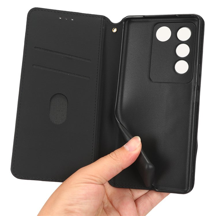 For vivo S16 / S16 Pro / V27 / V27 Pro Rhombus Pattern Imprinted Magnetic Closure Stand Cover Shockproof PU Leather Flip Wallet Phone Case - Black