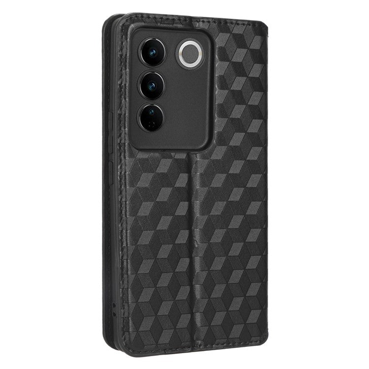 For vivo S16 / S16 Pro / V27 / V27 Pro Rhombus Pattern Imprinted Magnetic Closure Stand Cover Shockproof PU Leather Flip Wallet Phone Case - Black