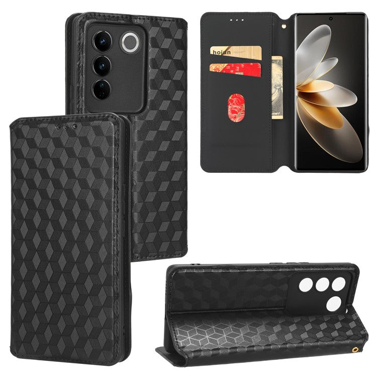 For vivo S16 / S16 Pro / V27 / V27 Pro Rhombus Pattern Imprinted Magnetic Closure Stand Cover Shockproof PU Leather Flip Wallet Phone Case - Black