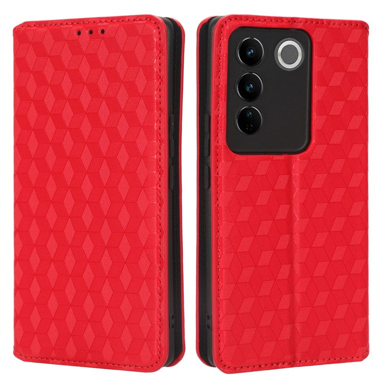 For vivo S16 / S16 Pro / V27 / V27 Pro Rhombus Pattern Imprinted Magnetic Closure Stand Cover Shockproof PU Leather Flip Wallet Phone Case - Red